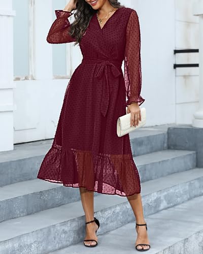Women's Fall Long Sleeve Spring Dress Wrap V Neck Swiss Dot Casual A-Line Midi Dresses with Belt2