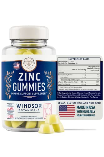 Zinc Gummies with Vitamin C - 60 Lemon Ice Pop Flavored Vegan Gummy Chews - 50mg Zinc Plus Turmeric Curcumin Extract - Windsor Botanicals High-Potency Immune, Cardiovascular, Brain Function Support