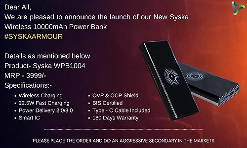 Image of SYSKA Wireless Armour Power Bank 10000mAH 22.5W WPB1004 Fast Charging Type C Input, Available (Grey)