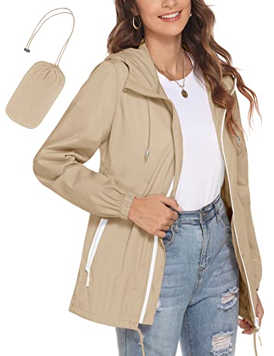 Avoogue Raincoat Women Lightweight Waterproof Rain Jackets Packable Outdoor Windbreaker Running Coat Khaki XXL