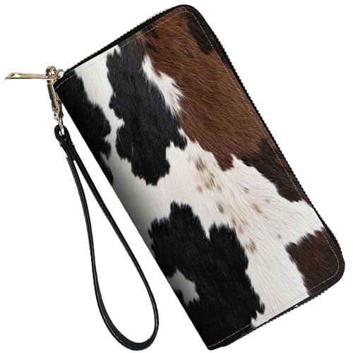Image of RFID Blocking Leather Wallet for Women - Large Capacity Zip Around Clutch with 8 Card Slots,26 Cash Pockets & Coin Zipper,Black Brown Cowhide Fur Pattern