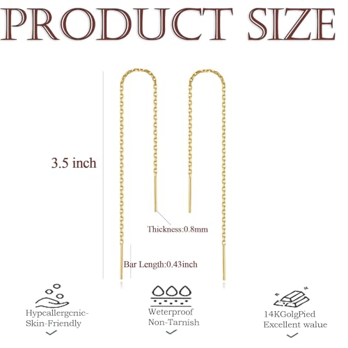 Sterling Silver Threader Chain Earrings for Women – 14K Gold Plated Hypoallergenic Dangle Jewelry，Lightweight 4.8 Inch Earrings, Minimalist & Versatile Design for Daily Wear or Gifting2