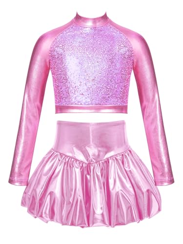 Robe danse latine fille spectacle rose ensemble crop top jupe paillettes jazz 11-12 ans