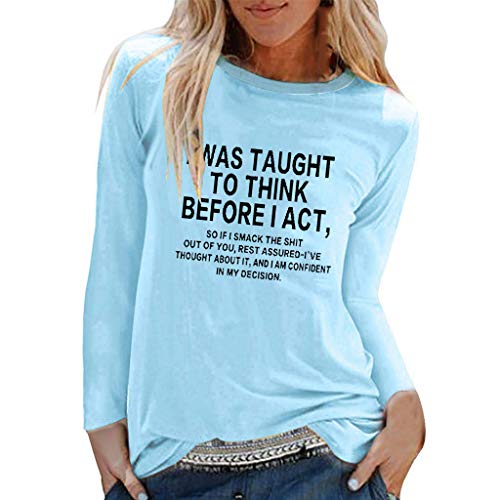 Alalaso Women Solid Color Round Neck Casual Loose Long Sleeve Sweatshirt T-Shirts Tops Blouse Teen Clothes for Girls Sky Blue