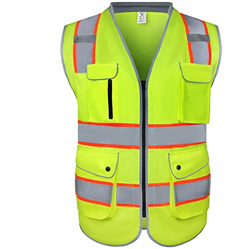 OriStout Safety Vest with 9 Pockets, Reflective Vest for Men and Women, High Visibility Vest, Zipper Front and Padded Neck, Meets ANSI/ISEA Standards, Class 2 Type R, Yellow Orange Strips, XL