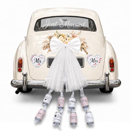 22 Piece Just Married Car Decorations Kit, Wedding Car Decor Set with 8 Real Tin Cans, Suction Cup Satin Bow, Tulle Tails, Rear Window Decal, Magnetic Car Signs, Ribbon and Gloves