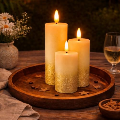 SATYAM KRAFT 3 Pcs LED Tea Light Candles | Glitter Gold Base Flam...