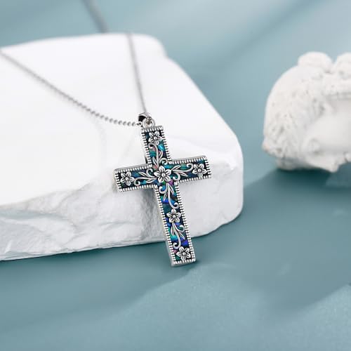 URONE Cross Necklace Sterling Silver Cross Flower Pendant Necklace Christian Religious Vintage Jewelry Gifts for Women4