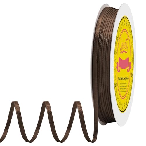 Image of Double Face Brown Satin Thin Ribbon 1 /8 inch X 100 Yards Polyester Brown Ribbon for Gift Wrapping Very Suitable for Weddings Party Hair Bow Invitation Decorations and More