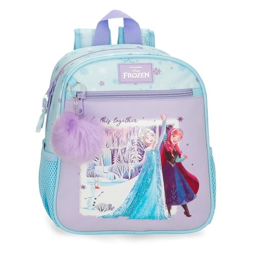 Disney Frozen In This Together Mochila infantil, mochila escolar, fabricada em poliéster, bolsos laterais, alças largas ajustáveis, alça superior para pendurar, com etiqueta de identificação, Roxo