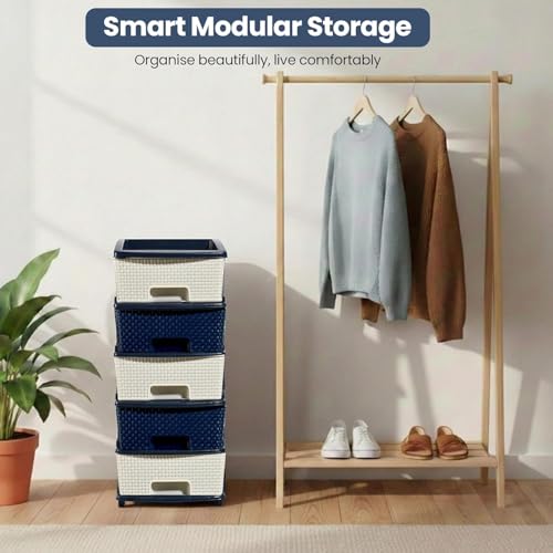 Image of Plastic Modular Drawer Storage Chest Of Drawers Organizer Storage Box, Large Stomo Racks For Multipurpose Anti-slip Shoes Organizers (White & Blue, 5 Layer)