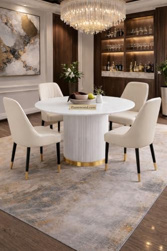 Image of 4 Seater Dining Table Set with 4 Chairs,2yr Warranty - Round Marble Dining Table (91x91x76 cm) - White Marble Top, Solid Wooden Base, Upholstered Chairs with Sheesham Wood Legs - Cream