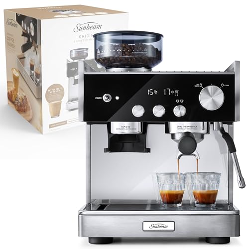 Sunbeam Origins Dual Espresso Machine | Coffee Machine w/built-in Conical Burr Grinder & Anti-static Technology, Dual Thermoblock System for Simultaneous Brewing & Steaming, Stainless Steel EMM7300SS
