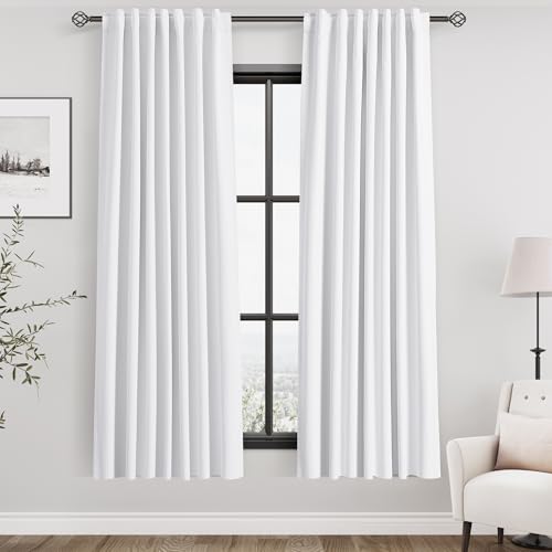 Nanspring White 100% Blackout Linen Curtains for Bedroom 72 Inches Long Back Tab Thermal Insulated Modern Farmhouse Decor Black Out Curtain for Living Room Dining Room Neutral Drapes 52x72, 2 Panels