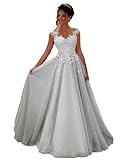 Beyonddress Damen Abendkleider Lang Hochzeit Spitze Prinzessin Ärmellos Brautkleid Ballkleider(Silber,50)