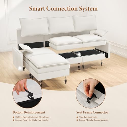 Image of Vesgantti 108 inch U Shaped Sectional Couch, Comfy Cloud Modular Sectional Sofa with 2 Ottoman Deep Seat Chenille Modern Cloud Sofa, Modular Sofas for Living Room, Bedroom and Apartment, Snow White