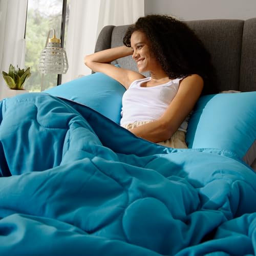 Image of Comfort Spaces Vixie Reversible Comforter Set - Trendy Casual Geometric Quilted Cover, All Season Down Alternative Cozy Bedding, Matching Sham, Teal /Charcoal, Twin /Twin XL 2 piece