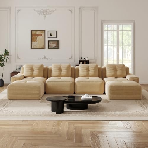 Image of 153 inch U-Shaped 4-Seater Modular Boneless Couch with 2 Ottomans, Premium Corduroy Upholstery, Deep Seat Cloud sectional Sofa, No Assembly Anti-Slip Design, Camel