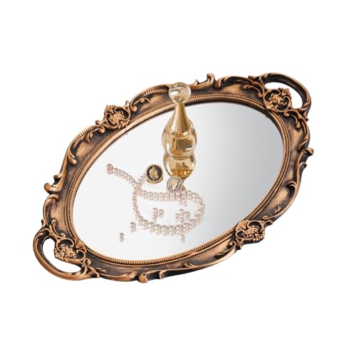 XPXKJ Vintage Gold Mirror Tray Vanity Tray for Dresser Perfume Storage Decorative Mirrored Glass Tray Coquette Room Decor, Bedroom, Bathroom Oval Antique Serving Makeup Organizer