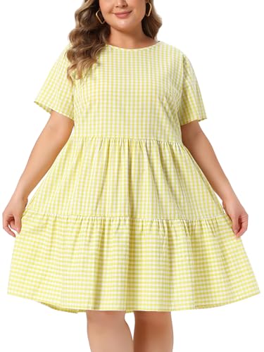 Image of Agnes Orinda Plus Size Gingham Dresses 1950s Vintage Plaid Round Neck Short Sleeve Tiered Midi Summer Dress