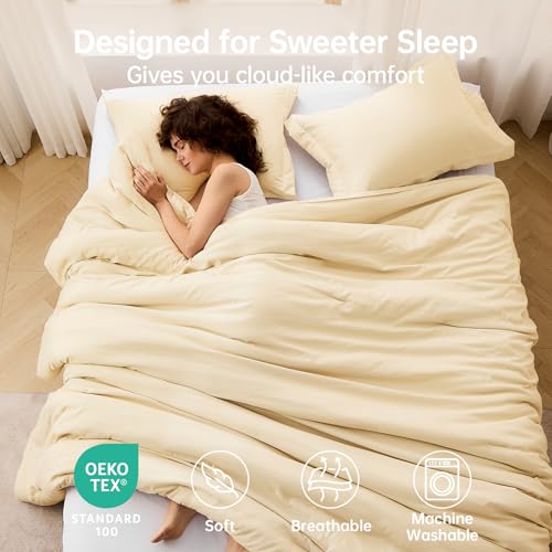 Image of MUXHOMO King Size Comforter Set, All Season Ultra Soft Down Alternative Bedding - 3 Piece Lightweight Bed Set Includes 1 Comforter (104 inchx90 inch) and 2 Pillow Shams (20 inchx36 inch), Light Yellow