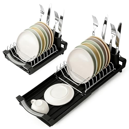 Cozary Egouttoir à Vaisselle, Egoutoire Vaisselle Cuisine Extensible(28-47CM), Égouttoir avec Porte-Couverts
