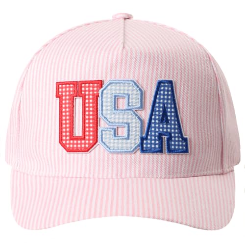MIRMARU Patriotic America USA Embroidered 5 Panel Cotton Two Tone Trucker Hat for Men and Women. (US Alpha One Size Stripe-USA Tri-Color Gingham Patch Pink)