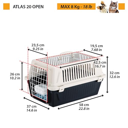 Ferplast Transportbox Katze, Hundetransportbox kleine Hunde und Katzen bis 8 kg, Dach zu öffnen, mit Kissen und Napf, Lüftungsschlitze, 37x58xH 32cm, Transportbehälter Atlas 20 Open