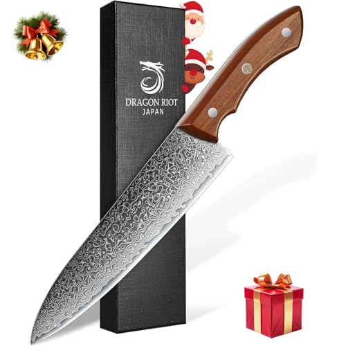 DRAGON RIOT Damastmesser, Kochmesser profi Messer, Damast Küchenmesser mit Geschenkbox, Handgeschmiedete Messer Japanisch, Fleischmesser extrem...