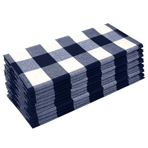 Image of Cotton Cloth Napkins Set of 12, Blend Buffalo Plaid Dinner Napkins, 18 x 18 Inch Washable Table Napkins, Checks Cloth Napkins for Restaurant, Wedding, Party, Holiday, Farmhouse, Navy and White
