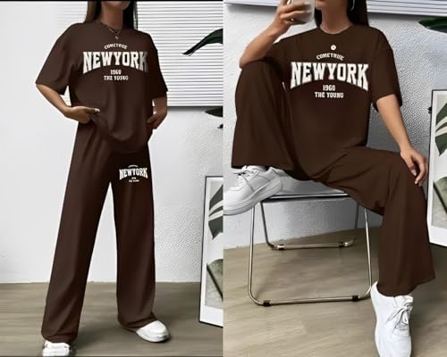 Image of My Swag Women's New York Graphic Loungewear Set, Cotton Short Sleeve T-Shirt and Pants