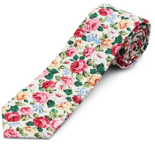 Image of Cotton Floral Ties for Men 2.76 inch Men's Skinny Tie Linen Flower Printed Neck Tie for Wedding Dating Party