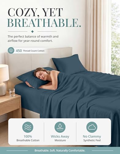 Image of LANE LINEN 100% Cotton Bed Sheets Full Size - 450 Thread Count Silky Sateen Weave - Extra Soft, Cozy & Breathable Year Round Comfort - Fits Matresses Upto 15'' Deep - Oeko TEX Certified - Estate Blue