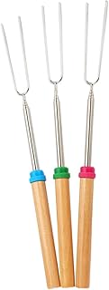OFFSCH Garfo telescópico para churrasco de aço inoxidável, 3 peças, cachorros-quentes, vegetais, salsicha, churrasco, garfo de escultura e carne, espetos de madeira, espetos flexíveis, garfos de kebab, conjunto de madeira