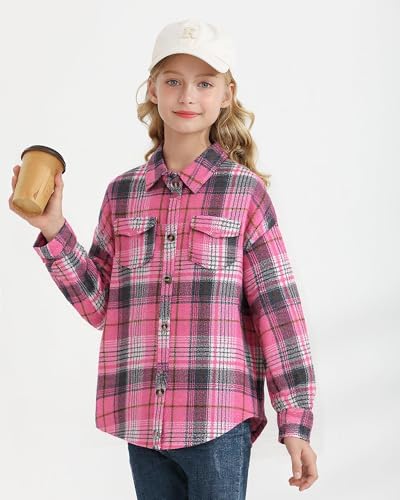 Girls Long Sleeve Flannel Shirts Button Down Plaid Jackets Collared Pockets Blouses Tops Fall Winter Clothes 7-14Y2