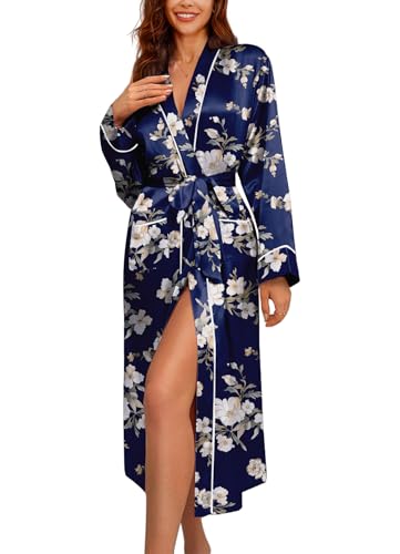 Image of Ekouaer Satin Robes for Women Long Sleeve Silk Bathrobe Soft Lightweight Full Length Sleepwear Bridesmaid Wedding Party Robes