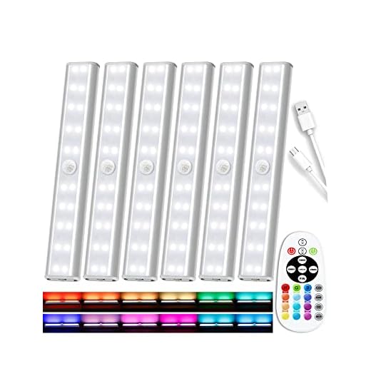 SZOKLED Under Cabinet Lighting Rechargeable 48-LED Remote Lights, Wireless Kitchen Counter Lights Closet Light RGB Bar Perfect for Indoor Pantry Display Shelf Hallway 6 Pack, 15 Color Changing