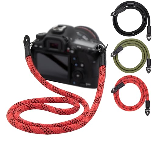 LENS-AID Bandoulière Appareil Photo Style Corde – Sangle de Cou 100 cm pour Caméra Reflex, Hybride, Rétro – Rouge/Noir
