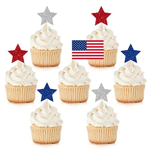 Whaline 140Pcs Patriotic Cupcake Topper Glitter Star American Flag Cupcake Picks 4th of July Food Picks with Sticks Glue Point for Independence Day Memorial Day Party Supplies Cake Decoration