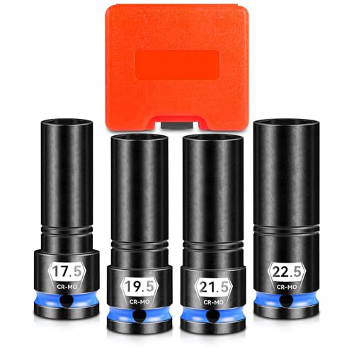 1/2 Drive Thin Wall Lug Nut Socket Set 4 PCS Half Size Metric Impact Wheel Socket 17.5mm 19.5mm 21.5mm and 22.5mm Cr-Mo Steel For Damaged Swollen and Stuck Lug Nuts