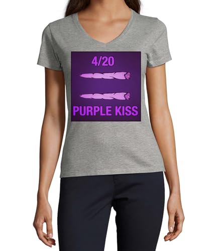 T-shirt col en V 420 Purple Kiss en coton premium gris haut de gamme pour femme