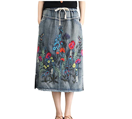 Women's Plus Size A-Line Maxi Denim Skirt - Mid Rise, Embroidered Floral Design, 37 Inch Length