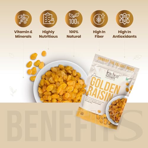 Image of KitchenSmith Golden Raisin Seedless - Pack of 2 (500gm Each) | Dakh, Indian Kishmish, Raisins | Premium Long Raisins & Naturally Sourced Dry Fruits