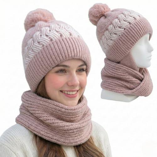 Image of Kraptick Women's Winter Cap and Scarf Set- Thick Fleece Lined Knitted Beanie Hat and Neck Warmer Muffler for Ladies, Stretchable & Soft Woolen Snow Proof for Extreme Cold -6