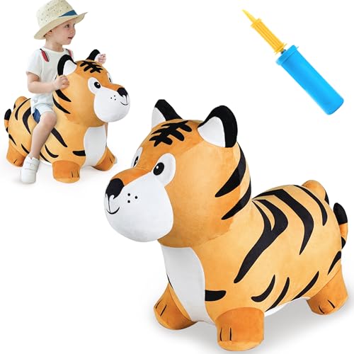 Image of iPlay, iLearn Bouncy Pals Tiger Hopper Toy, Toddler Hopping Horse, Kid Plush Ride on Animal Bouncer W/Pump, Inflatable Bouncing Rider, Indoor Outdoor Jumping Birthday Gift 2 3 4 5 6 Year Old Boy Girl