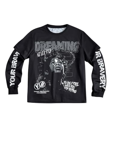 SOLY HUX Men's Letter Graphic Tees Crew Neck Long Sleeve 2 in 1 T Shirt Tops Streetwear