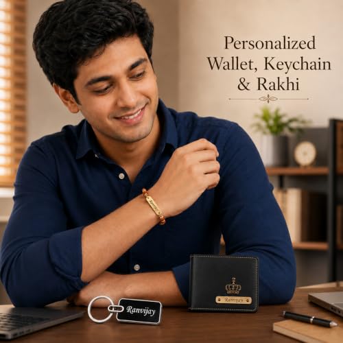 Image of SAVRI Rakshabandhan Gift for Brother | Customized Men's Leather Wallet with Name & Charm, Personalized Metal Keychain & Customized Rudraksha Rakhi with Name | Rakhi Gift for Brother