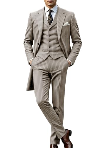 VENNYNG Men's Stripes Suit Peak Lapel 3 Pieces Long Jacket Pants Vest Set Male Formal Wedding Party Set