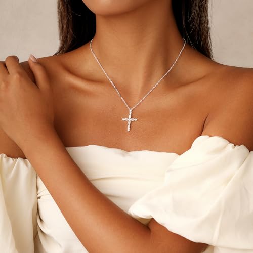 Cross Necklace for Women 14K Gold Silver Diamond CZ Cross Pendant Choker Dainty Gold Necklace Round Diamond Faith Religious Trendy Jewelry Gifts3