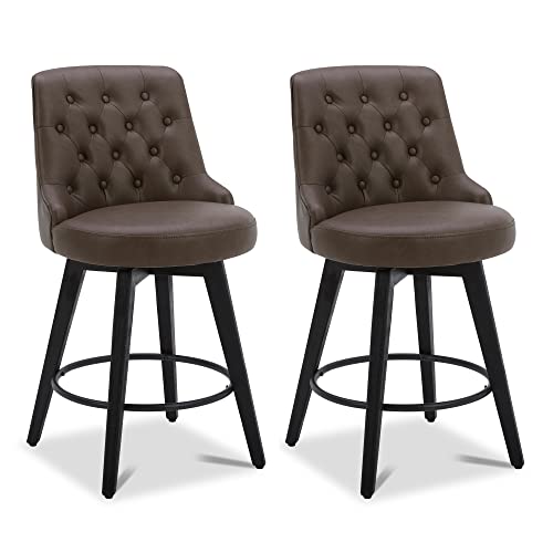 Image of Watson & Whitely Counter Height Bar Stools Swivel Barstools, Chocolate | Faux Leather, Set of 2, Upholstered Modern Barstool with Back, Solid Wood Legs, 26 inch H Seat